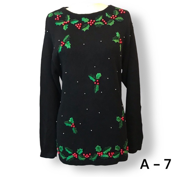 Studio Collection Vtg Embroidered Ugly Christmas Sweater Black Holly Sz M - Picture 1 of 10